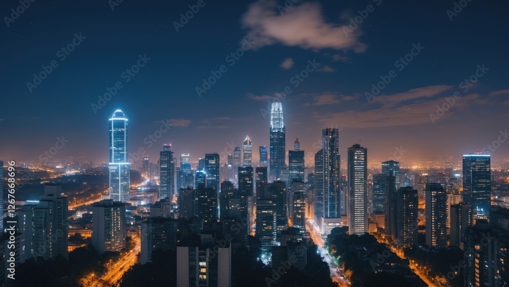 Fototapeta premium Cityscape at Night with Illuminated Skyscrapers and Space for Text Display