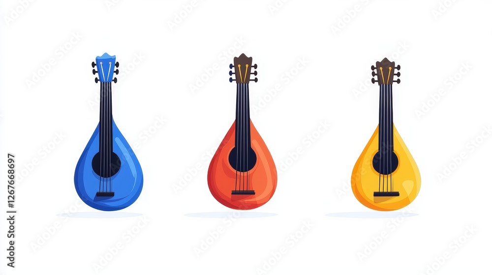A collection of four colorful musical instruments displayed together for artistic and creative inspiration