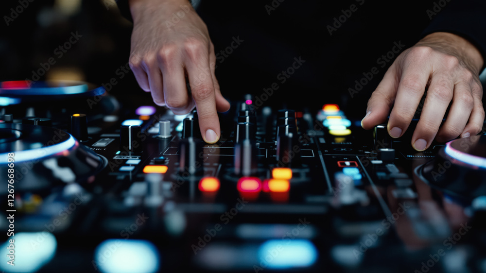 Professional DJ Manipulating High-Tech Mixer Controls in Studio Professional DJ Manipulating High-Tech Mixer Controls in Studio