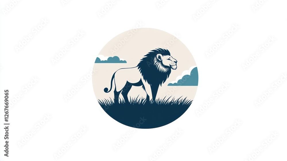 Lion walking in savanna grass, cloudy sky background, ideal for wildlife themes Lion walking in savanna grass, cloudy sky background, ideal for wildlife themes