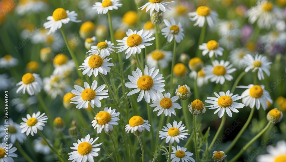 Vibrant Chamomile Flowers Blooming in a Sunny Summer Garden Close-Up with Lush Greenery Surrounding Them Vibrant Chamomile Flowers Blooming in a Sunny Summer Garden Close-Up with Lush Greenery Surrounding Them