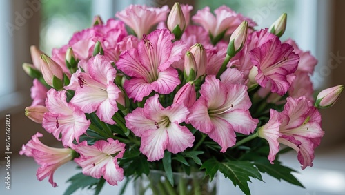 Fresh bouquet of pink lisianthus flowers in a glass vase showcasing their delicate petals and vibrant colors in a softly lit setting.