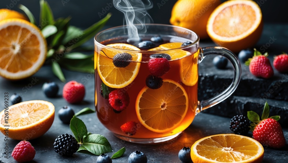 Fresh Citrus Tea Infused with Berries Served in a Clear Mug Surrounded by Fruit and Green Leaves on a Dark Table Surface Fresh Citrus Tea Infused with Berries Served in a Clear Mug Surrounded by Fruit and Green Leaves on a Dark Table Surface