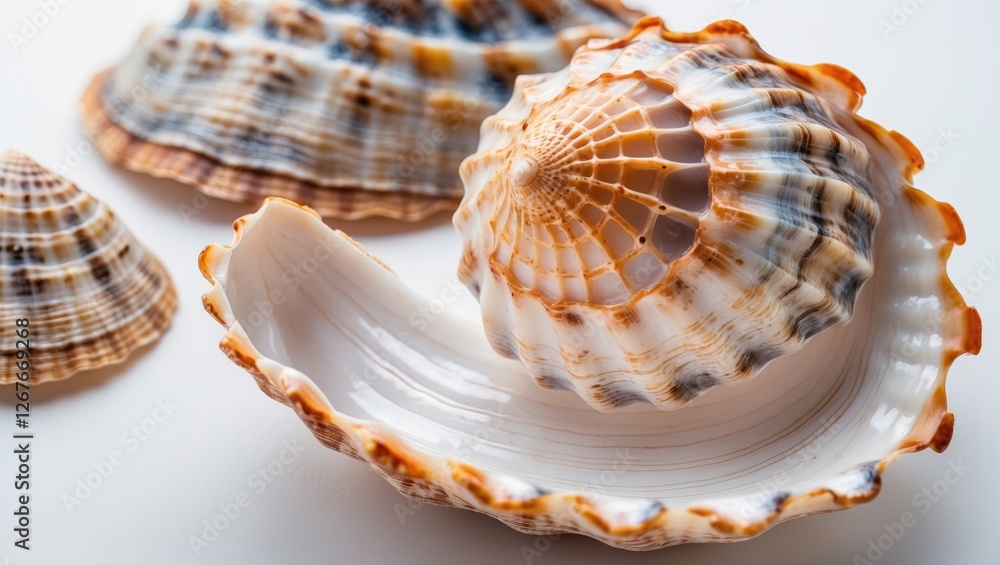 Close-Up View of Colorful Sea Mollusk Shells on White Background Showcasing Intricate Textures and Patterns with Space for Text Close-Up View of Colorful Sea Mollusk Shells on White Background Showcasing Intricate Textures and Patterns with Space for Text