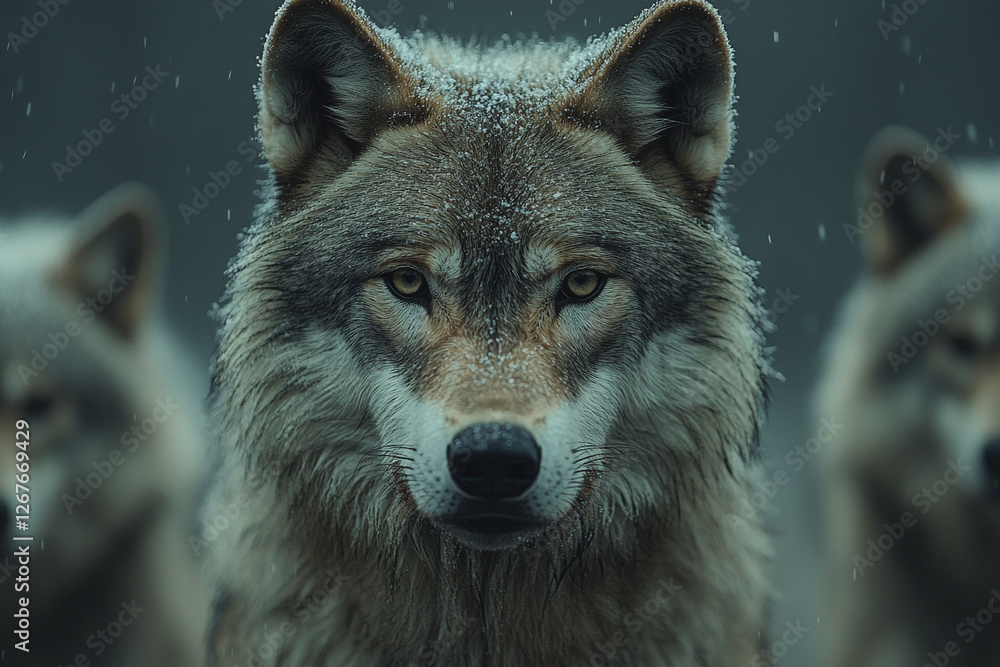Fototapeta premium A Trio of Wolves, A Portrait of Wild Majesty Under a Winter Sky