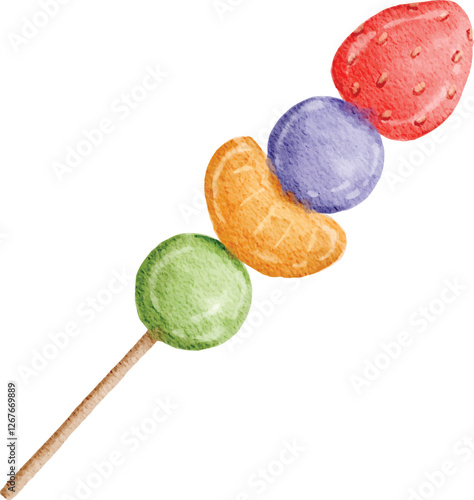 Tanghulu sugar coated candied fruits strawberry, blueberry, orange and grape watercolor illustration. Asian Chinese Korean street food. Watercolor illustration of skewers fruits isolated on white.