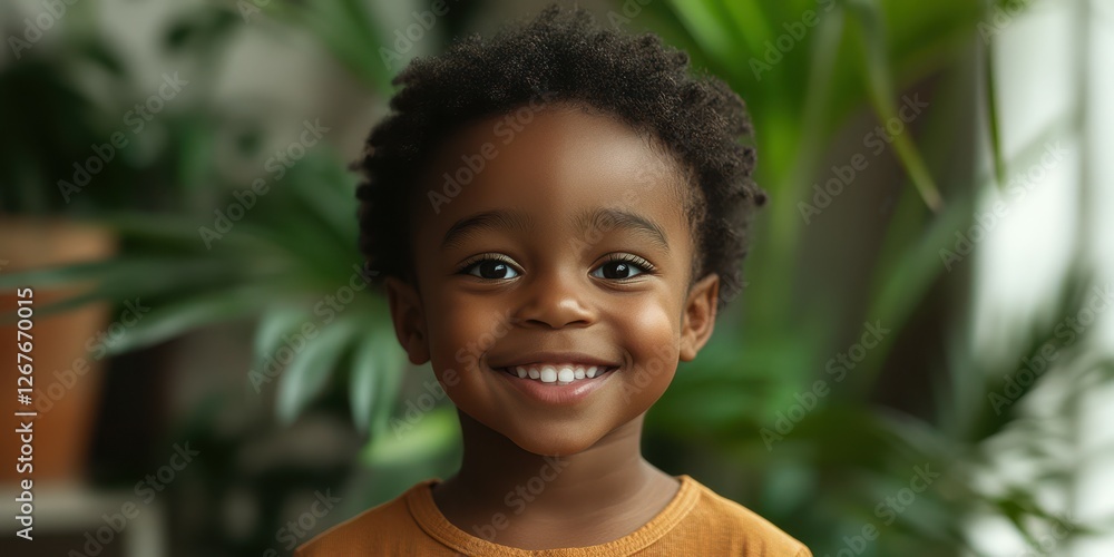 Young child smiling joyfully in a bright indoor space surrounded by green plants in the early afternoon light Young child smiling joyfully in a bright indoor space surrounded by green plants in the early afternoon light
