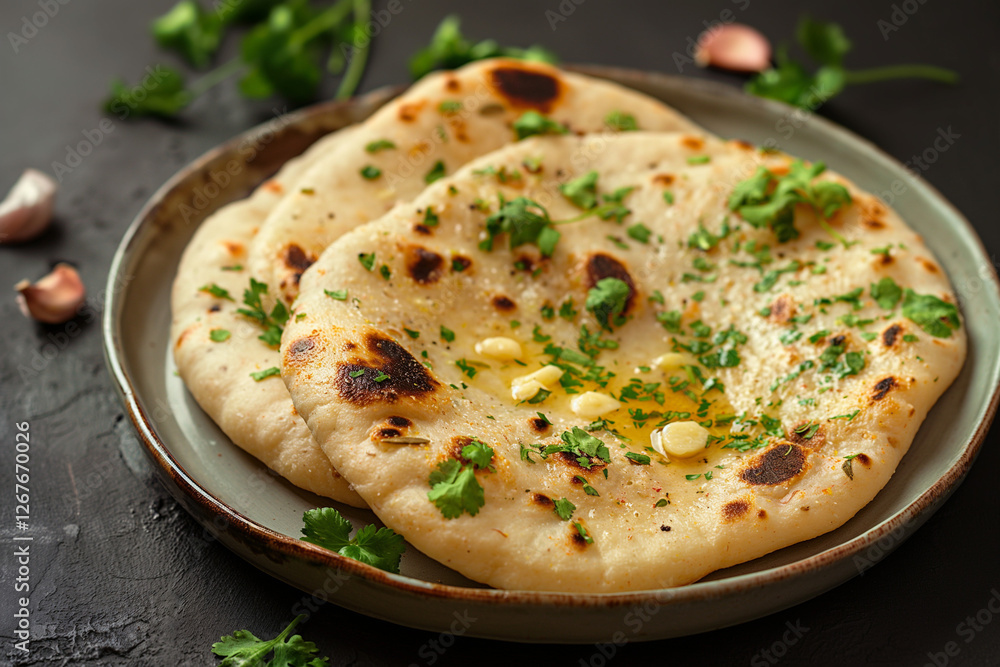 A beautifully presented Indian naan bread with a golden, slightly charred surface, served on a rustic ceramic plate A beautifully presented Indian naan bread with a golden, slightly charred surface, served on a rustic ceramic plate