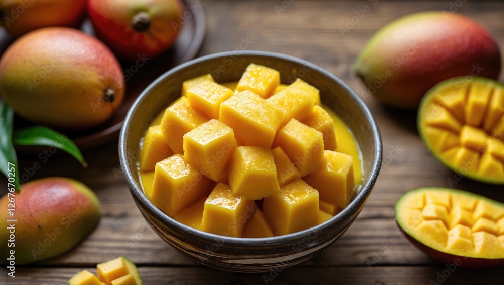 Fresh Cubes Of Ripe Mango Served In A Bowl Surrounded By Whole Mangoes On A Rustic Wooden Table Fresh Cubes Of Ripe Mango Served In A Bowl Surrounded By Whole Mangoes On A Rustic Wooden Table