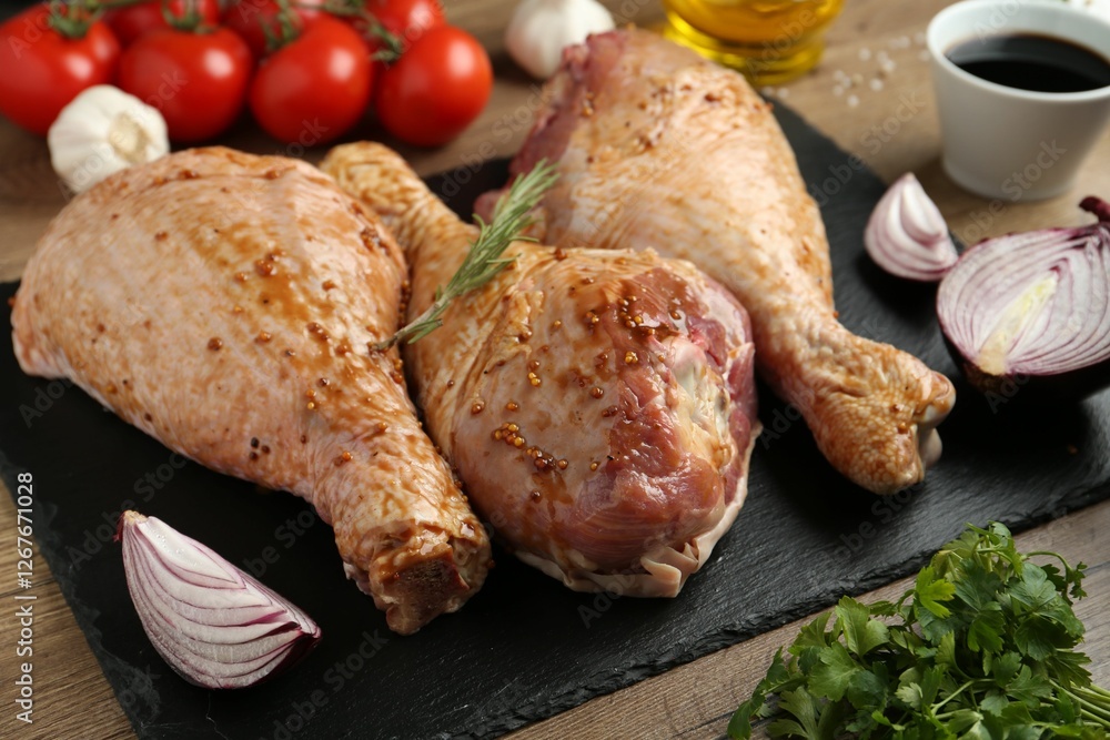 Raw marinated turkey drumsticks and products on wooden table, closeup Raw marinated turkey drumsticks and products on wooden table, closeup