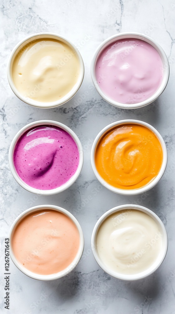Six small bowls filled with creamy dips in various colors. A vibrant and delicious-looking spread! Six small bowls filled with creamy dips in various colors. A vibrant and delicious-looking spread!