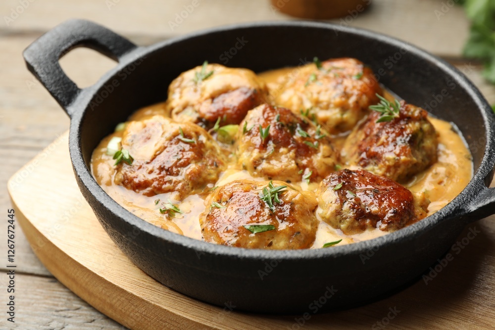 Delicious meatballs with gravy cream sauce and herbs on wooden table, closeup Delicious meatballs with gravy cream sauce and herbs on wooden table, closeup