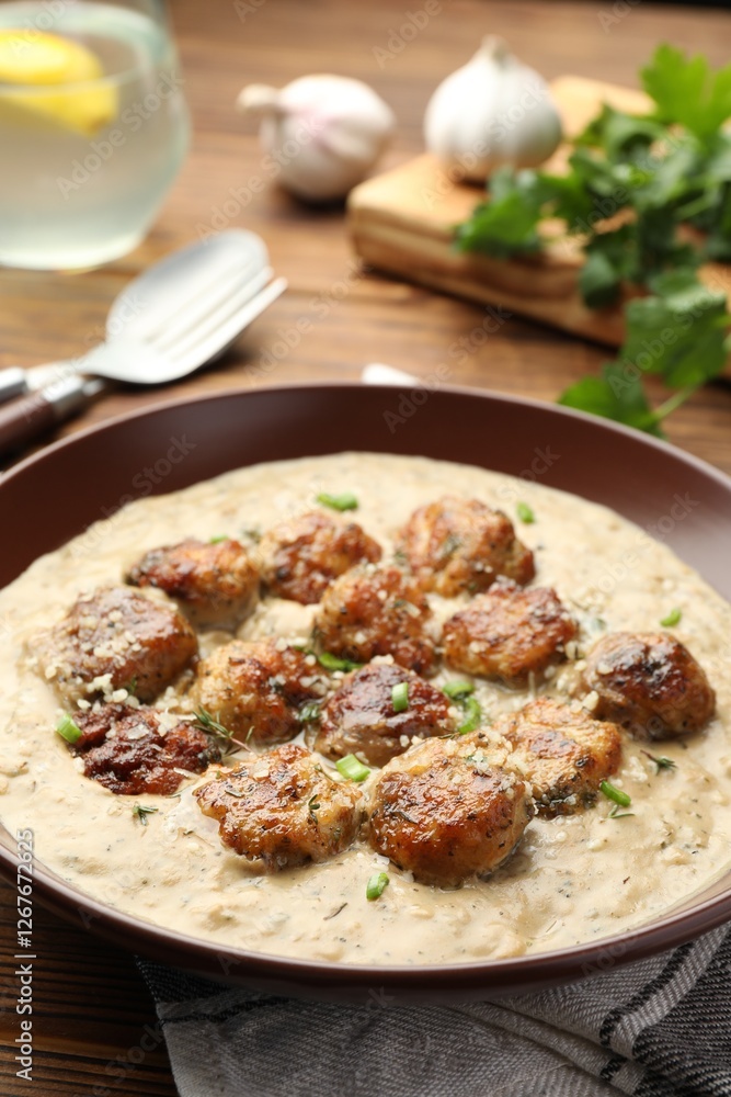 Delicious meatballs with gravy cream sauce and herbs served on wooden table, closeup Delicious meatballs with gravy cream sauce and herbs served on wooden table, closeup