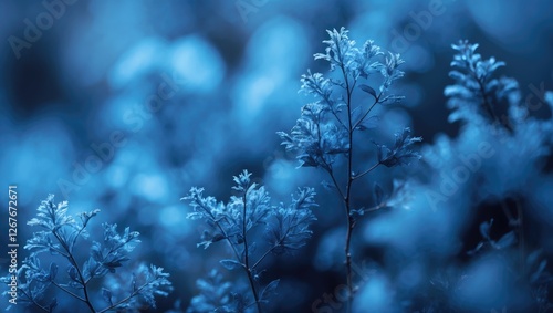 Serene Blue Abstract Background with Delicate Foliage and Soft Focus Ideal for Creative Design and Relaxing Atmospheres