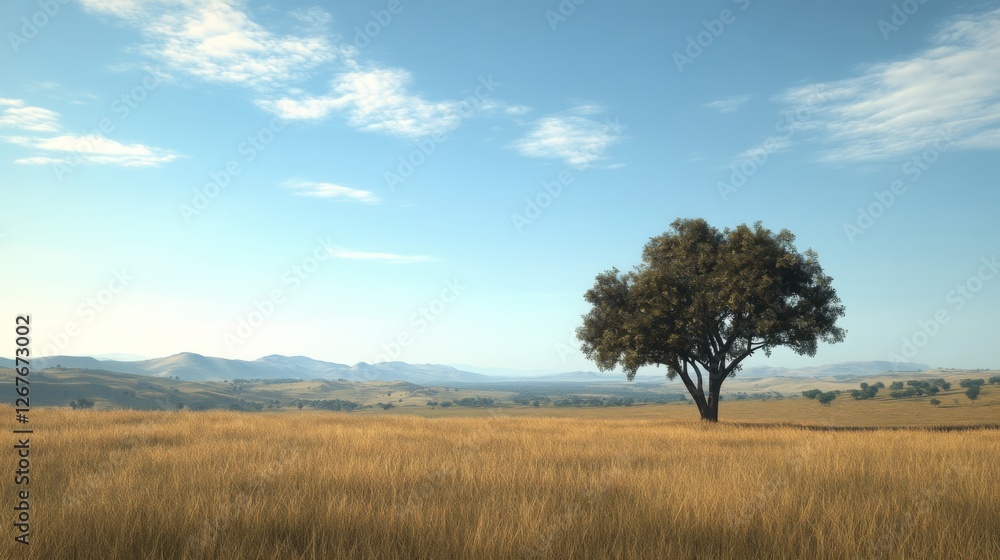 Solitary tree in golden savanna, mountains backdrop. Peaceful landscape, nature background Solitary tree in golden savanna, mountains backdrop. Peaceful landscape, nature background