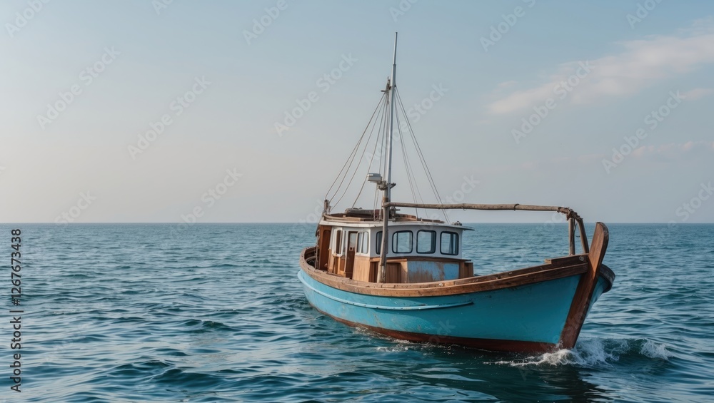 Fishing Boat Sailing on Calm Sea with Clear Sky and Copy Space for Text Fishing Boat Sailing on Calm Sea with Clear Sky and Copy Space for Text