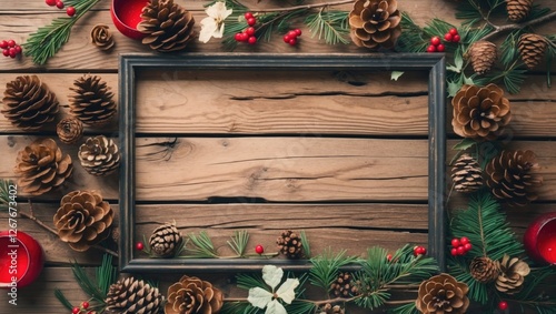 Festive winter frame decorated with pine cones and berries on a rustic wooden background, ideal for holiday greetings and seasonal designs. photo