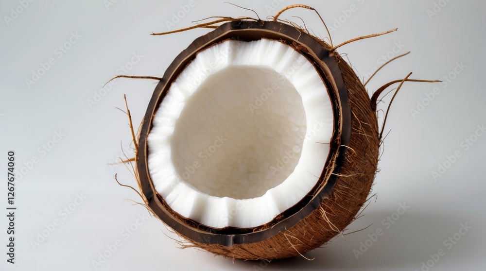 Fresh young coconut half with white flesh and brown fibrous shell isolated on a clean white background showcasing tropical fruit detail. Fresh young coconut half with white flesh and brown fibrous shell isolated on a clean white background showcasing tropical fruit detail.