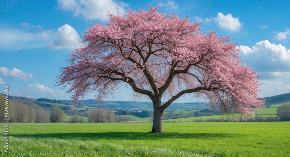 Solitary Blossom Tree in Lush Green Field Under Clear Blue Sky with Rolling Hills Creating a Picturesque Countryside Landscape Solitary Blossom Tree in Lush Green Field Under Clear Blue Sky with Rolling Hills Creating a Picturesque Countryside Landscape