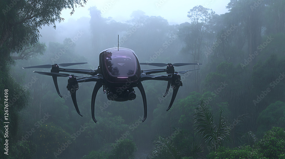Fototapeta premium Drone Flying Through Rainforest Canopy in Cloudy Weather