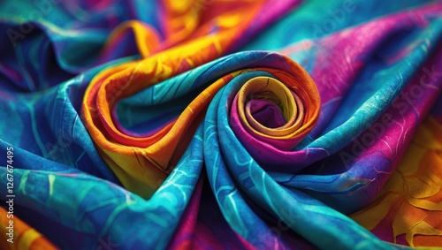 Colorful vibrant fabric with intricate folds and swirls showcasing rich textures and patterns for creative textile design concepts photo