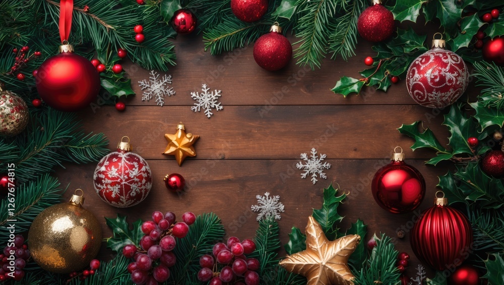 Festive Christmas background with ornaments, pine branches, and decorations on a wooden surface creating a warm holiday atmosphere. Festive Christmas background with ornaments, pine branches, and decorations on a wooden surface creating a warm holiday atmosphere.