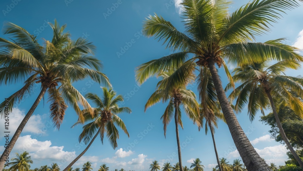 Tropical Paradise with Coconut Trees under Clear Blue Sky and Space for Text Overlay Tropical Paradise with Coconut Trees under Clear Blue Sky and Space for Text Overlay