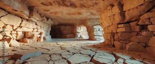 Cracked light brown stone wall in a cave interior showcasing natural patterns and textures ideal for abstract backgrounds and design work. photo