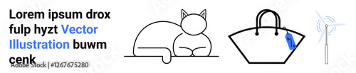 Cat resting peacefully, handbag with tag and wind turbine silhouette, highlighting eco-conscious lifestyle and sustainability. Ideal for nature, energy, pets, shopping, eco design, minimalism flat