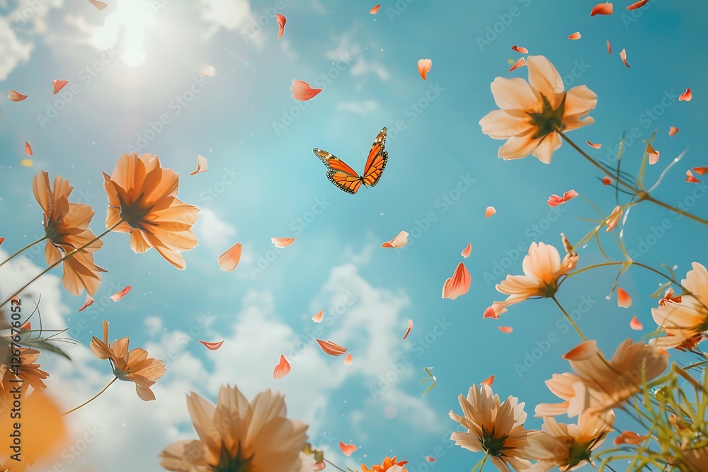 Butterfly and Blossoms Under Bright Sky with Fluffy Clouds Butterfly and Blossoms Under Bright Sky with Fluffy Clouds