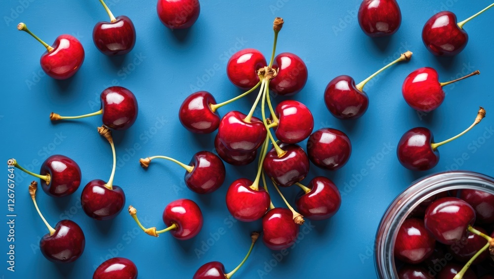 Fresh Red Cherries on Vibrant Blue Background with Space for Text in a Promotional Design or Recipe Concept Fresh Red Cherries on Vibrant Blue Background with Space for Text in a Promotional Design or Recipe Concept
