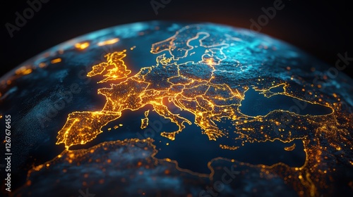 Europe glowing at night, digital globe.