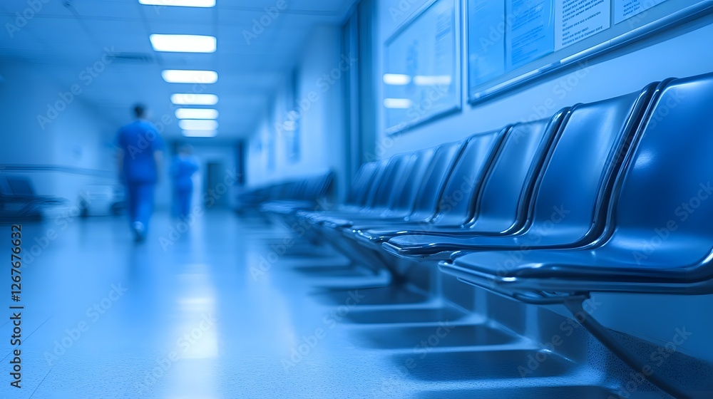 Obraz premium Empty Modern Hospital Waiting Area With Informative Posters And Blurred Background