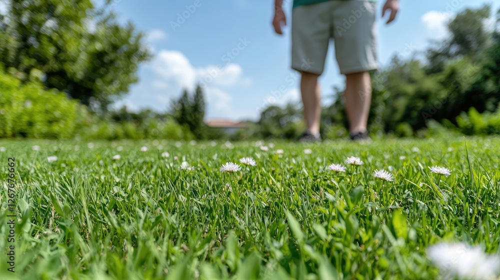 Man walking on green grass with flowers. Background garden, sunny day. Possible use Stock photo for nature, outdoors, leisure, lifestyle Man walking on green grass with flowers. Background garden, sunny day. Possible use Stock photo for nature, outdoors, leisure, lifestyle