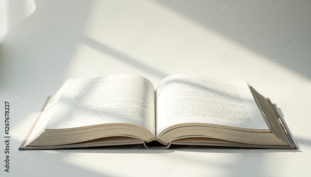 White book open on a pristine white table with natural shadow, serene, natural light White book open on a pristine white table with natural shadow, serene, natural light
