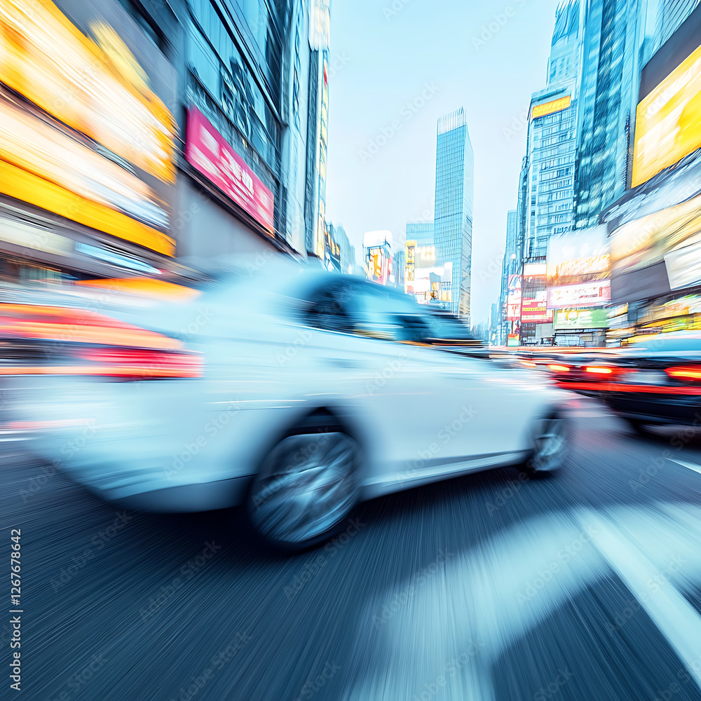 Fototapeta premium Blurred motion of cars speeding through a vibrant cityscape with illuminated billboards and towering buildings.