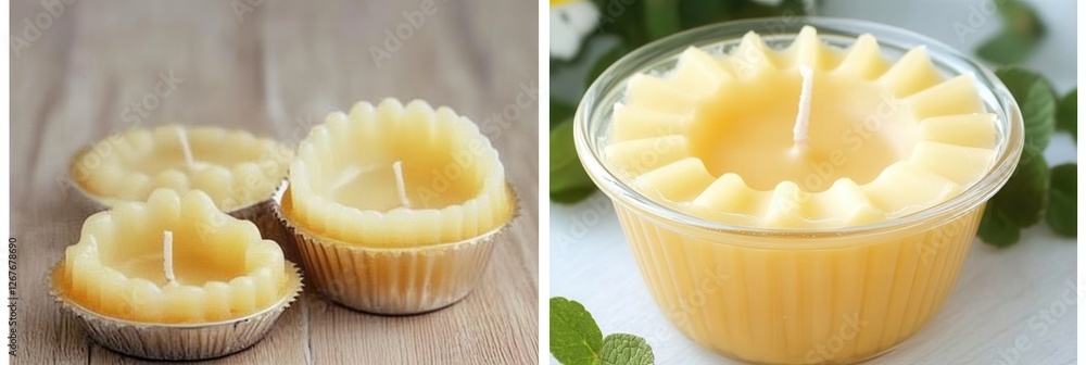 A collection of three images featuring decorative candles and colorful cupcakes arranged elegantly on a table. A collection of three images featuring decorative candles and colorful cupcakes arranged elegantly on a table.