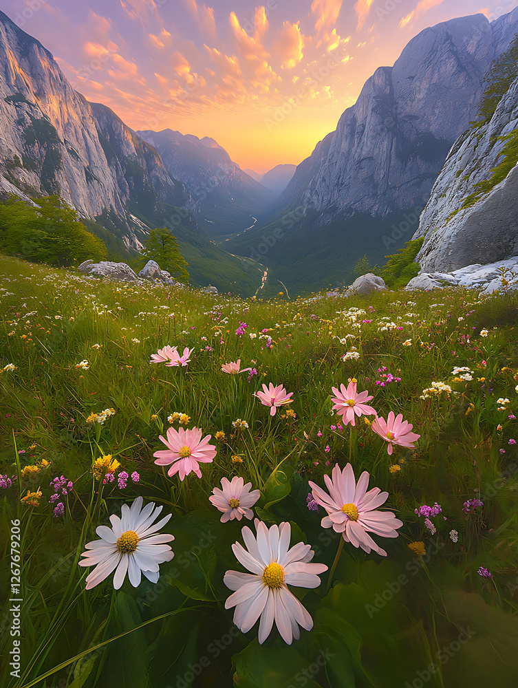 Fototapeta premium Mountain valley view with wildflowers at sunset a serene landscape.