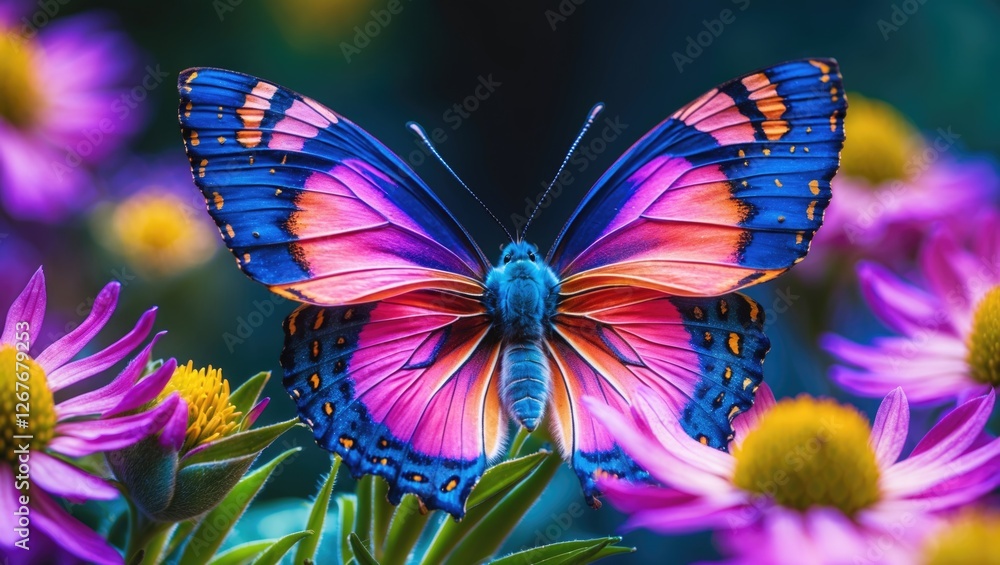 Vibrant butterfly resting on colorful flowers displaying intricate details in macro photography. Vibrant butterfly resting on colorful flowers displaying intricate details in macro photography.