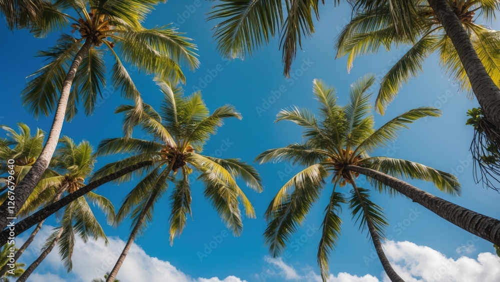 Coconut Palm Branches Against Clear Blue Sky With Space For Text Ideal For Tropical Themes And Summer Promotions Coconut Palm Branches Against Clear Blue Sky With Space For Text Ideal For Tropical Themes And Summer Promotions