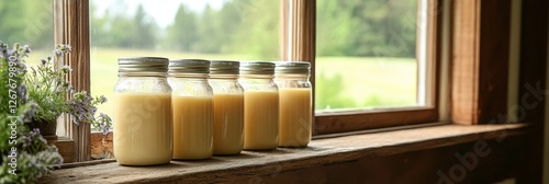Three glass jars filled with milk are placed on a sunlit window sill alongside a colorful vase of fresh flowers  creating a serene atmosphere.