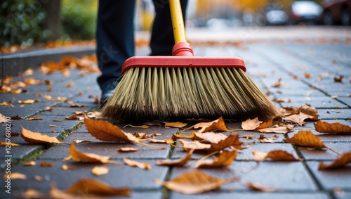 Wallpaper Mural Sweeping Autumn Leaves on a Walkway with a Broom in a Scenic Outdoor Setting During Fall Season Torontodigital.ca