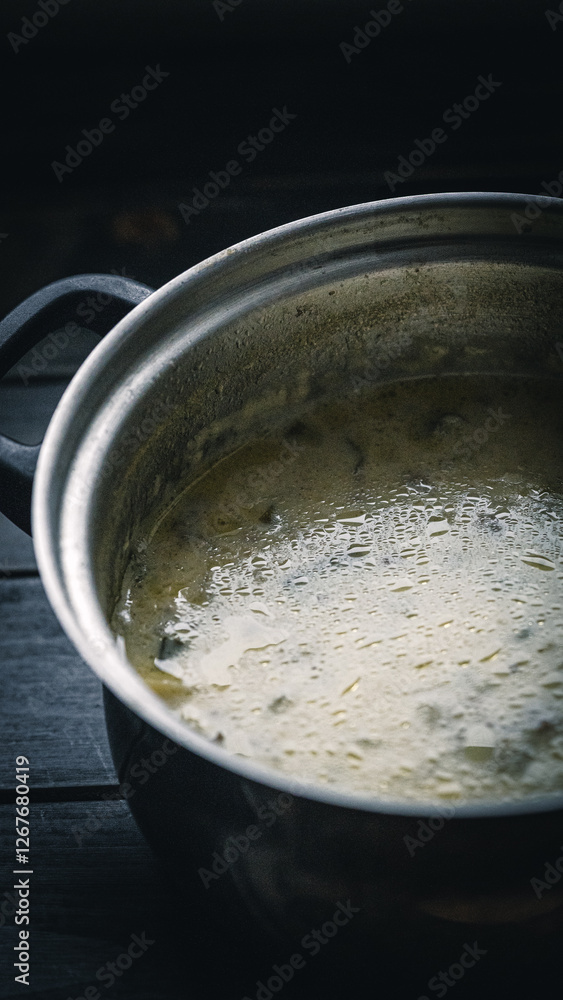 Rustikale Hackfleisch-Lauch-Suppe mit Kartoffelstücken in stimmungsvollem Licht Rustikale Hackfleisch-Lauch-Suppe mit Kartoffelstücken in stimmungsvollem Licht