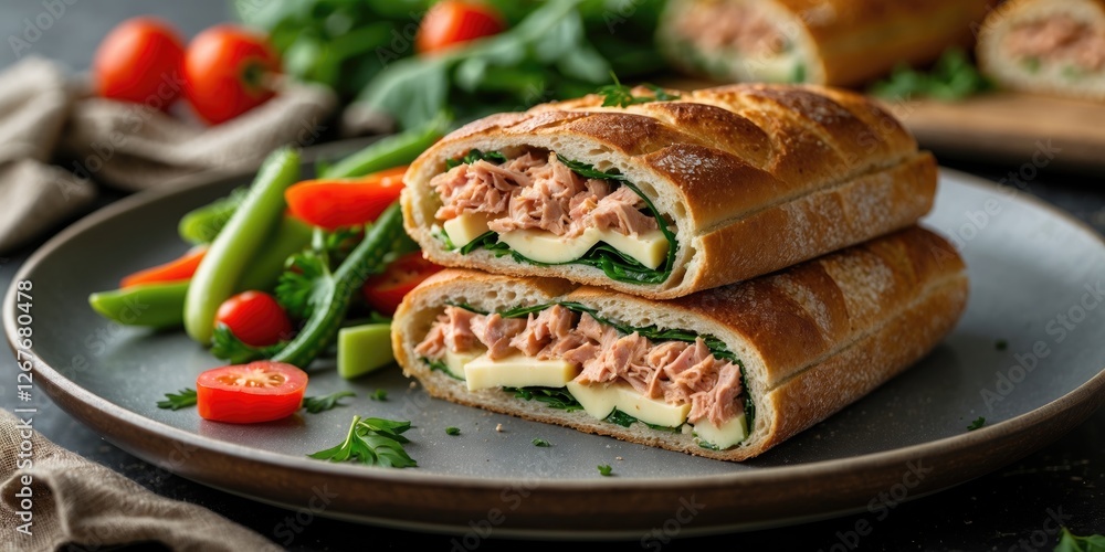 Fototapeta premium Stuffed Tuna Sandwich with Cheese and Vegetables Served on a Plate with Fresh Ingredients and Empty Space for Text or Branding