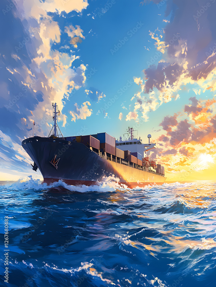 Fototapeta premium A large tanker ship transporting containers across the ocean. Neural network AI generated art