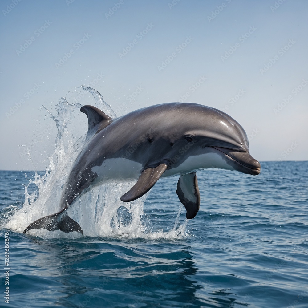 Fototapeta premium A playful dolphin jumping out of the water, clear white background.