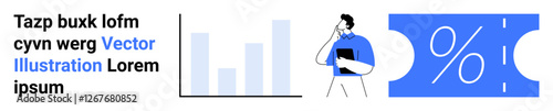 Person in thoughtful pose holding documents. Bar graph and coupon with percentage highlight business analysis, promotions, and insights. Ideal for marketing, growth, discounts, finance, analytics