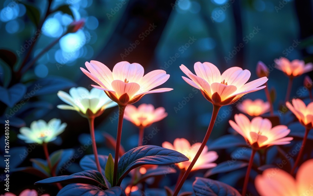 A stunning close-up of vibrant, glowing flowers in full bloom, illuminated with soft golden light. A stunning close-up of vibrant, glowing flowers in full bloom, illuminated with soft golden light.