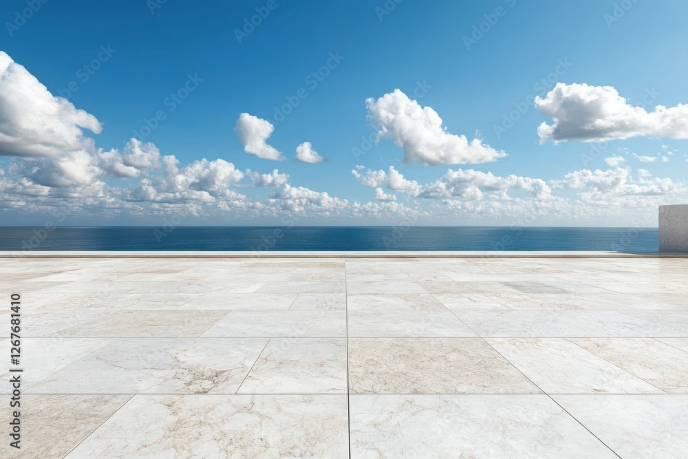 Coastal Simplicity: A clear blue sky with soft clouds hanging over an expansive marble floor. The ocean’s horizon is just visible in the background, creating a minimalist yet inviting atmosphere. Coastal Simplicity: A clear blue sky with soft clouds hanging over an expansive marble floor. The ocean’s horizon is just visible in the background, creating a minimalist yet inviting atmosphere.