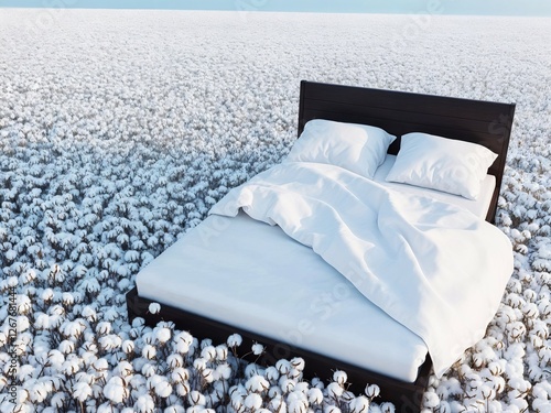 A black bed with white sheets and pillows sits in the middle of an endless cotton field